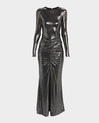 Stealla Metallic Ruched Long-Sleeve Gown
