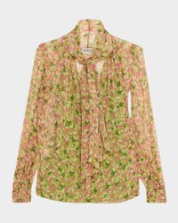 Lila Floral Silk Scarf-Tie Blouse
