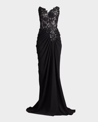 Strapless Pleated Sequin Lace Gown