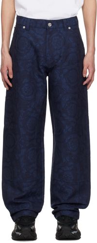Versace Pantalon menuisier bleu à motif Barocco en jacquard