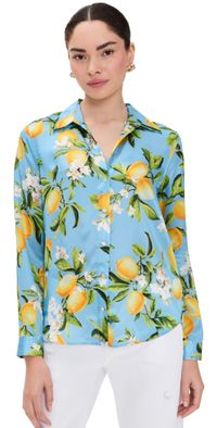 L'AGENCE Tyler Silk Blouse Sky Blue/Yellow Floral Lemon XS