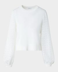 Mixed-Media Daisy Guipure Blouson-Sleeve Knit Sweater