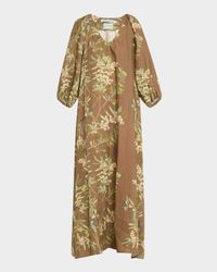 Puff-Sleeve Printed Linen Maxi Dress