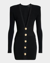 Buttoned Plunging Rib Knit Mini Dress