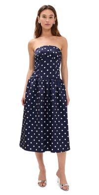 Self Portrait Navy Polka Dot Satin Midi Dress Navy 0