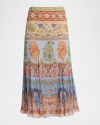 Paisley-Print Georgette Godet Midi Skirt