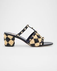 Rockstud Raffia T-Strap Slide Sandals