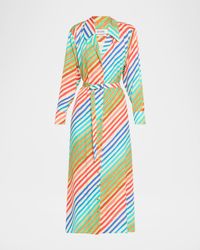 Rainbow Striped Waist-Tie Bias Midi Shirtdress