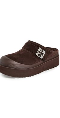 Tory Burch Mellow Shearling Platform Mules Dark Cocoa Tmono/Silver 9