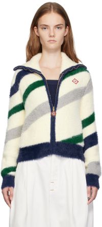 Casablanca Blouson blanc cassé en tricot à poils longs à rayures et à glissière