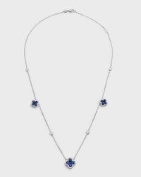 18K White Gold Blue Sapphire Flower and Diamond Station Necklace, 18"L, 3.38tcw