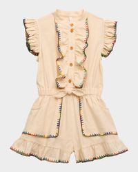 Girl's Lucky Frill Rainbow Stitch Romper, Size 4-12