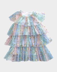 Girl's Metallic Star-Print Tulle Dress, Size 12M-12
