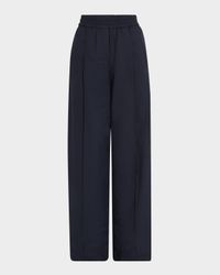 Pleated Crispy Diagonal Cotton Wide-Leg Pull-On Pants