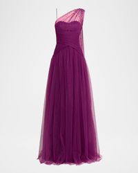 Embellished Tulle One-Shoulder Cape Gown