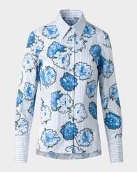 Carnation-Print Striped Cotton Poplin Button-Down Blouse