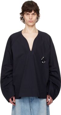 JW Anderson Navy Oversized V-Neck Gathered Sleeve Sweater