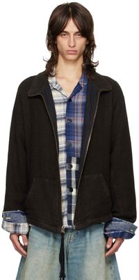 Greg Lauren Black Burlap Linen Zip Neck Jacket