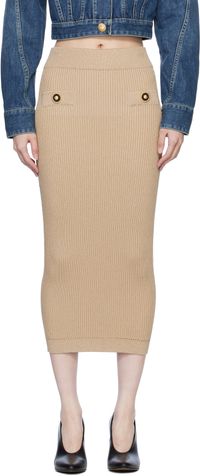 Balmain Beige Plain Ribbed Knit Midi Skirt