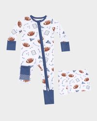 Boy's Touchdown Time 2-Way Zip Romper, Blanket & Bib Set, Size 0M-24M