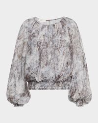 Gathered Splatter-Print Plisse Blouse