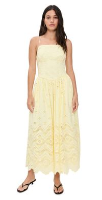 Self Portrait Yellow Cotton Broderie Midi Dress Yellow 4