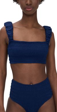 Sea Shyla Solid Smocked Bikini Top Navy XXS