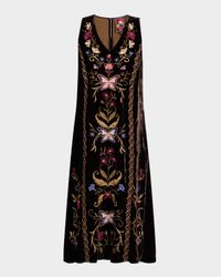 Sleeveless Floral-Embroidered Velvet Midi Dress