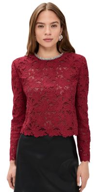 Self Portrait Burgundy Lace Crystal Trim Top Burgundy 0