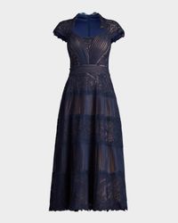 Pleated Mesh & Textured Lace Midi Dress