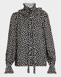 Dots-Print Silk Jacquard Ruffle Blouse