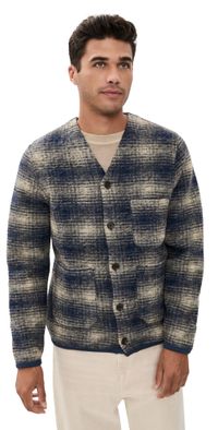 Universal Works Check Fleece Cardigan Navy S