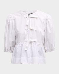 Poplin Front-Tie Peplum Blouse with Puffed-Sleeves