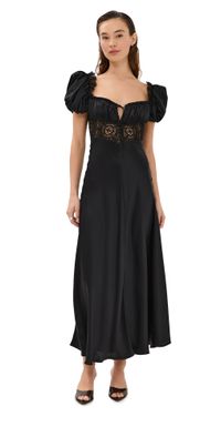 Rodarte Satin Bias Dress with Gathered Bust and Black Lace Detail Black 8