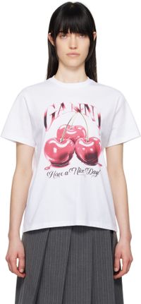 GANNI White Basic Jersey Cherry Relaxed T-shirt