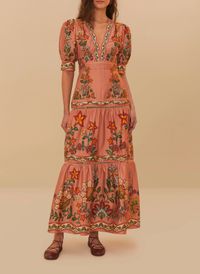 Farm Rio - Robe longue en coton imprimé - Taille L - Rose