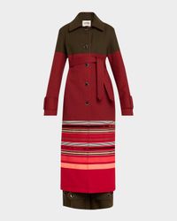Embroidered Stripe Belted Long Trench Coat
