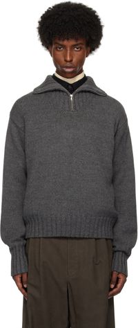 AURALEE Gray Wool Soft Cord Knit Half Zip Sweater