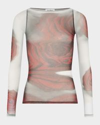Blurry Roses-Print Mesh Boat-Neck Top