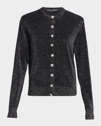 Crystal-Button Metallic Knit Crewneck Cardigan