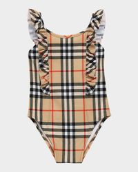 Girl's Ruffle-Trim Check Swimsuit, Size 12M