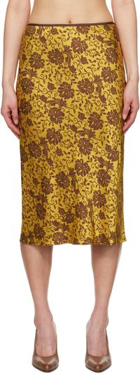 Dries Van Noten Yellow & Brown Damask Midi Skirt