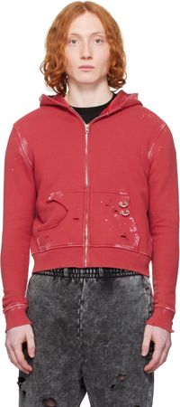 We11done Red Pierced Zip-Up Hoodie