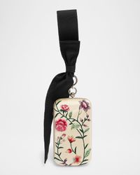 Floral-Embroidered Wristlet Clutch Bag in Satin