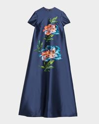 Floral-Print Satin Faille Long Kaftan Gown