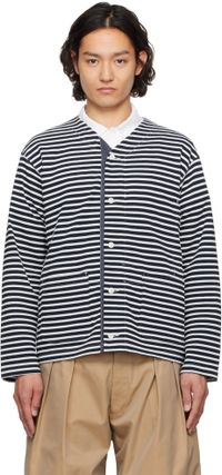 Engineered Garments White & Navy PC Stripe Jersey Knit Cardigan