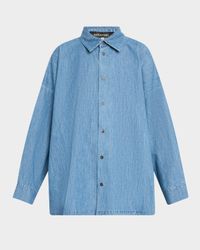 Angled-To-Front Side Seam Denim Shirt With Collar (Long Length)