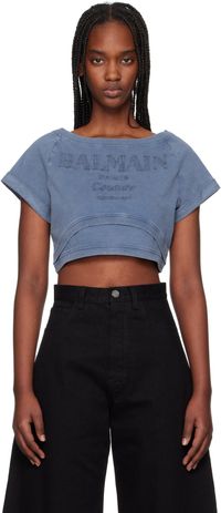 Balmain Blue Cropped 'Balmain Couture' Embroidered T-shirt
