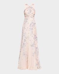 Pleated Floral-Print Halter Gown