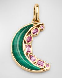 18K Yellow Gold Malachite and Pink Sapphire Crescent Moon Pendant, 19mm